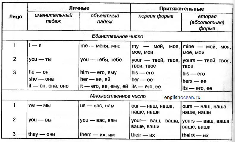 Таблица личных и притяжательных местоимений в английском языке